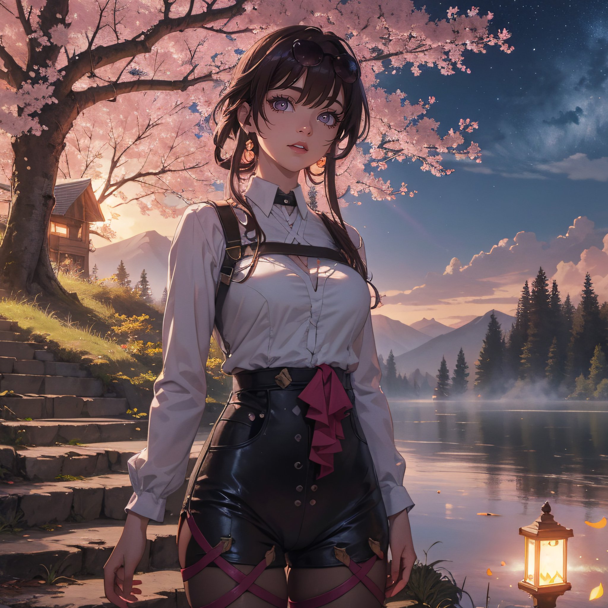 Anime girl by the river under sakura - Wallpapers for iPad Retina in 2048x2048 resolution