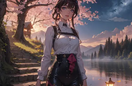 WSXGA+ wallpapers (1680x1050): anime girl, purple eyes, river, cherry blossoms