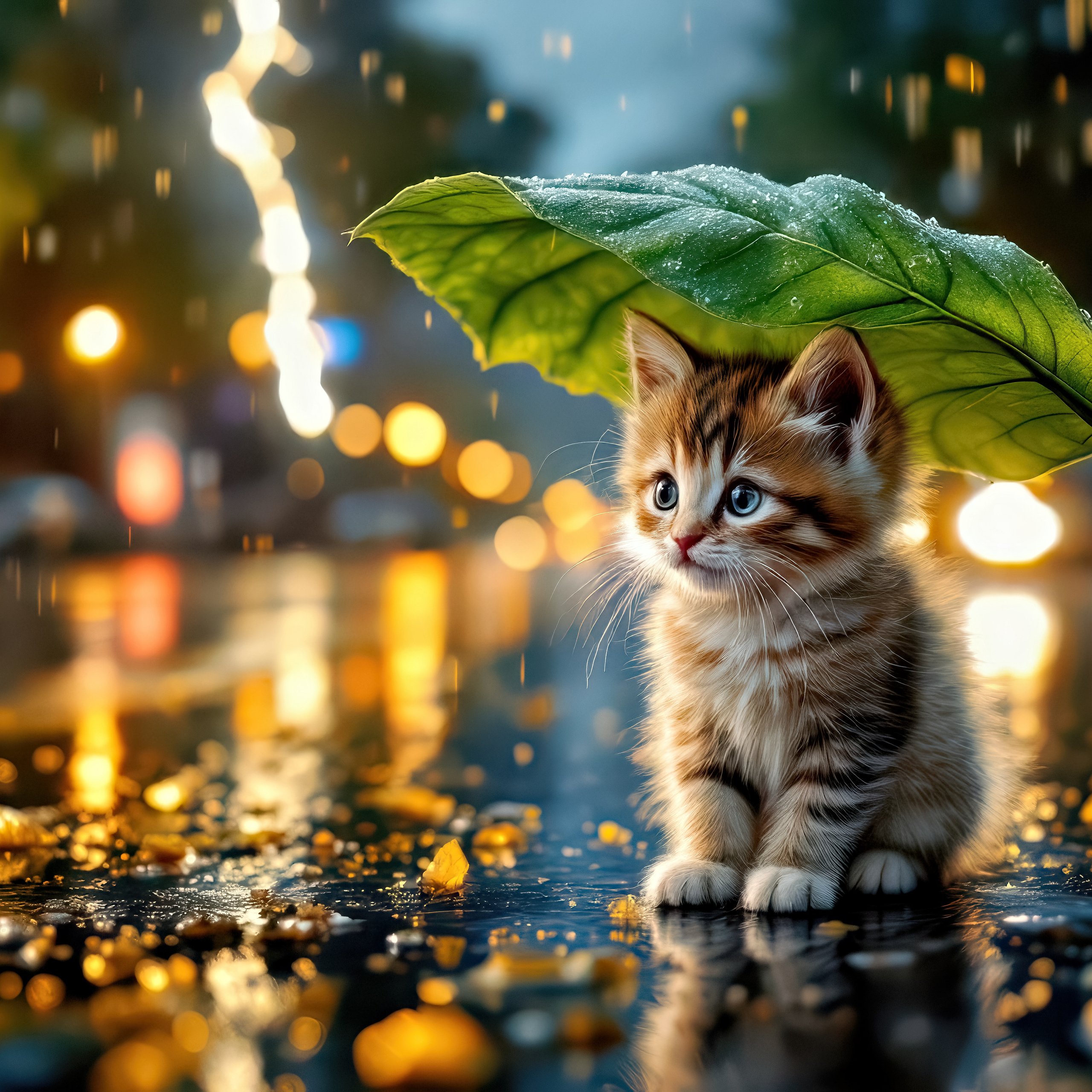 Kitten sheltered under leaf in rain - Wallpapers for Samsung Galaxy Tab S9 FE+/Tab S11, Xiaomi Pad 5, Redmi Pad 2 Pro, POCO Pad in 2560x2560 resolution