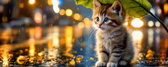UltraWide 21:9 обои животные (2560x1080): котёнок, дождь, листья, грусть
