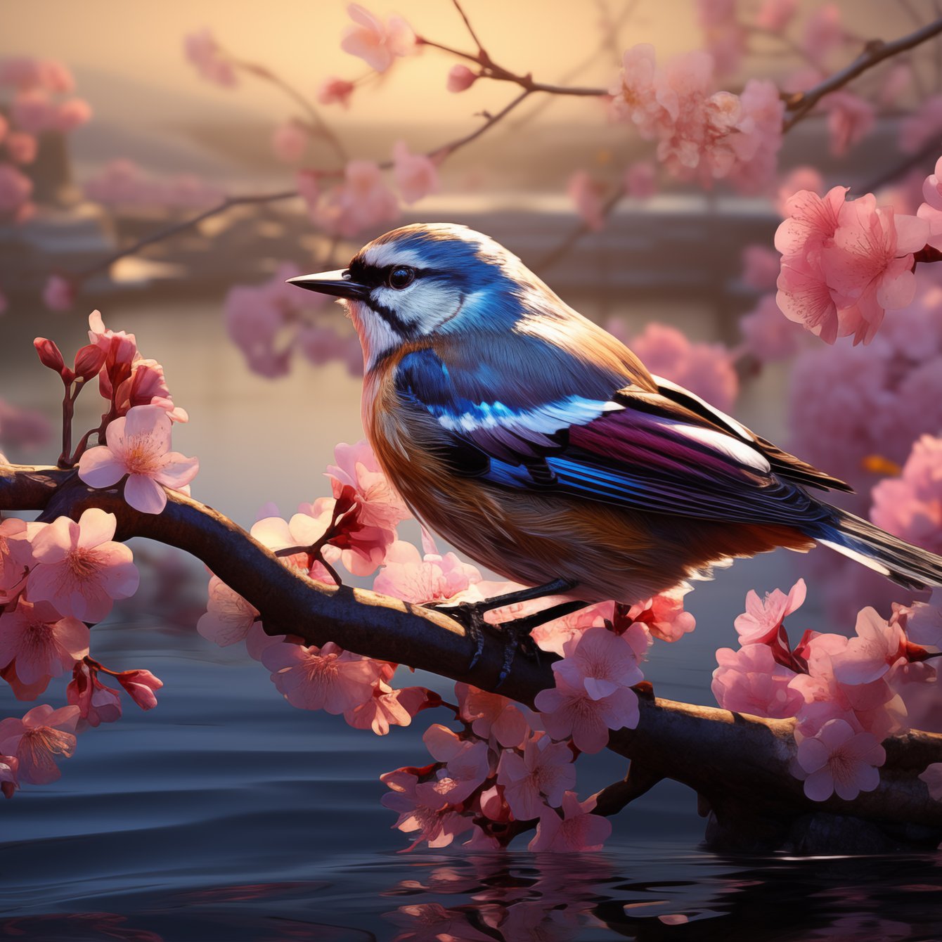 Bird on a sakura branch - Wallpapers for Samsung Galaxy Tab in 1340x1340 resolution