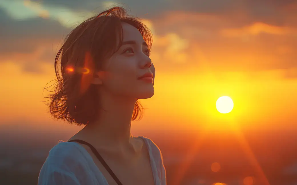 Young woman enjoying sunset view — desktop and phone wallpaper, free download