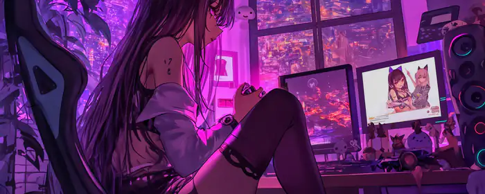 UltraWide 32:9 обои монитор (3840x1080): аниме девушка, чулки, кошачьи уши, татуировки