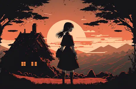 Wallpapers for MacBook Neo (2408x1506): girl, house, sunset, mountains