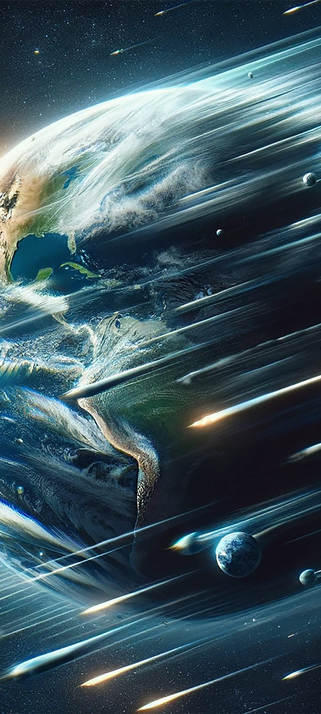 Earth in a meteor shower - Wallpapers for Samsung Galaxy M55, POCO M4/X4/X5, Xiaomi Redmi 12/13/Note 13/Note 14/Note 14S in 1080x2400 resolution