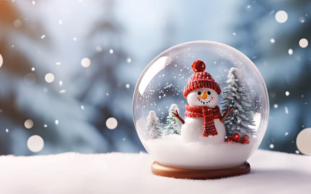 Snowman inside a festive snow globe — desktop and phone wallpaper, free download