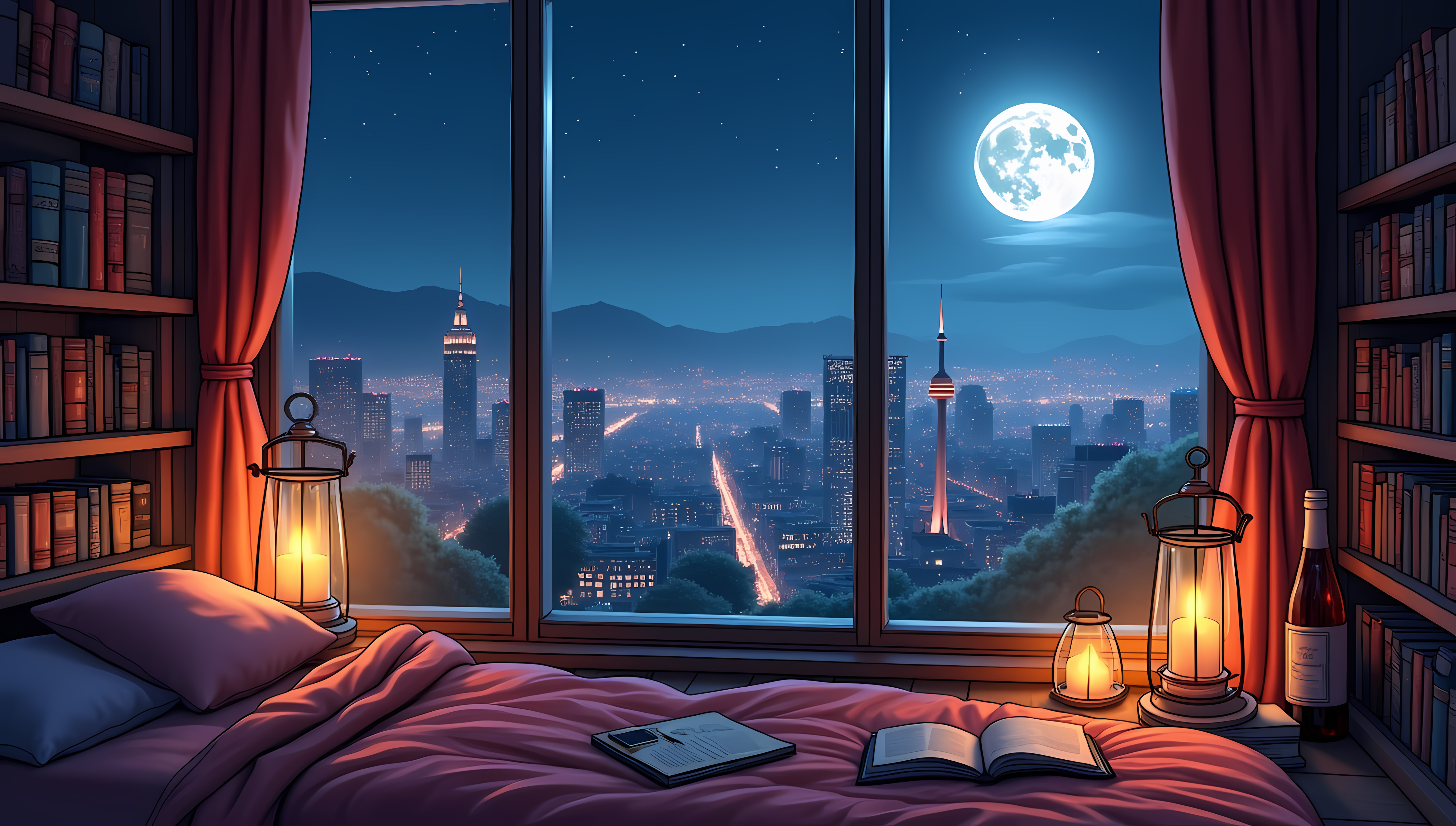 Cozy bedroom with a library — Free Download Wallpapers in Full HD, 4K, 5K