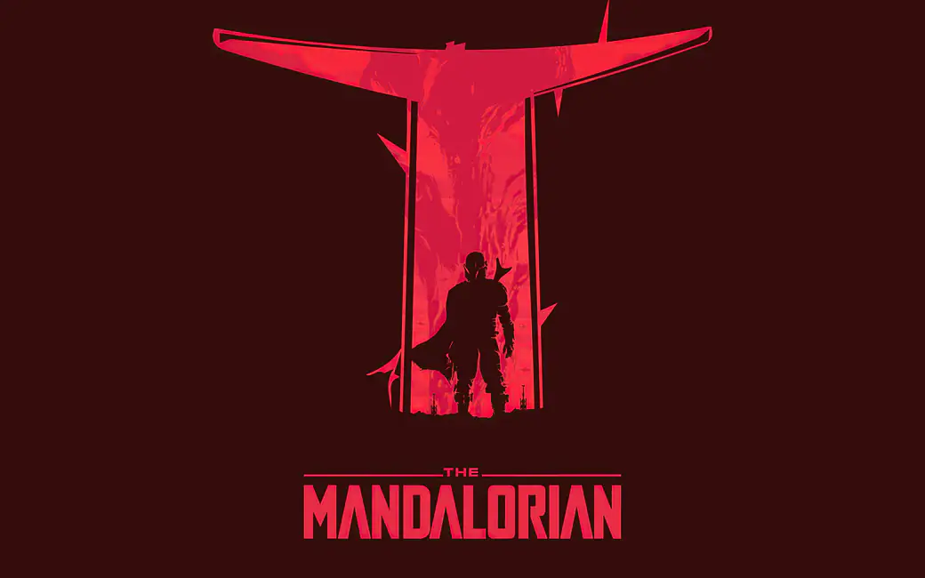 The Mandalorian silhouette with red background — desktop and phone wallpaper, free download
