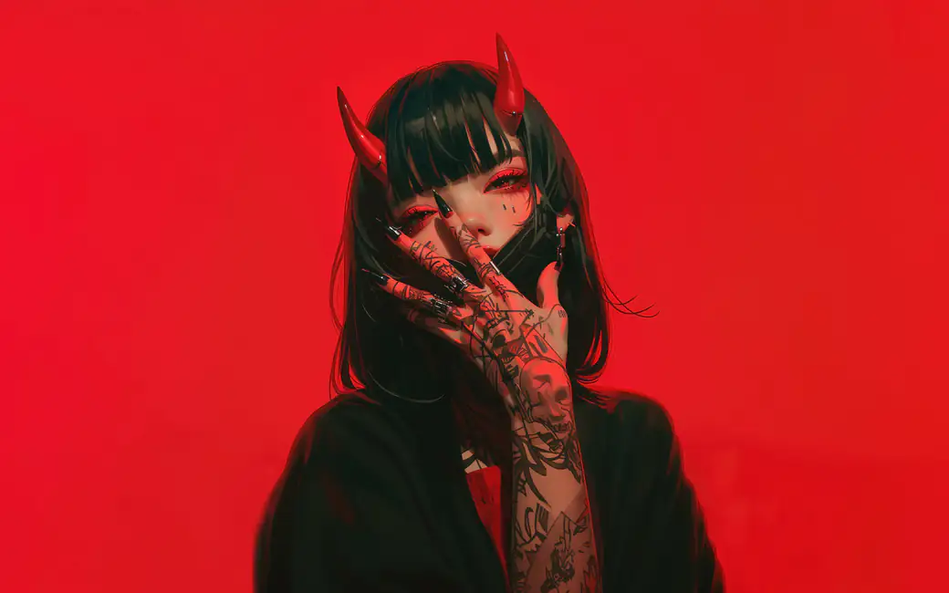Brunette with horns and tattoos on arms — desktop and phone wallpaper, free download