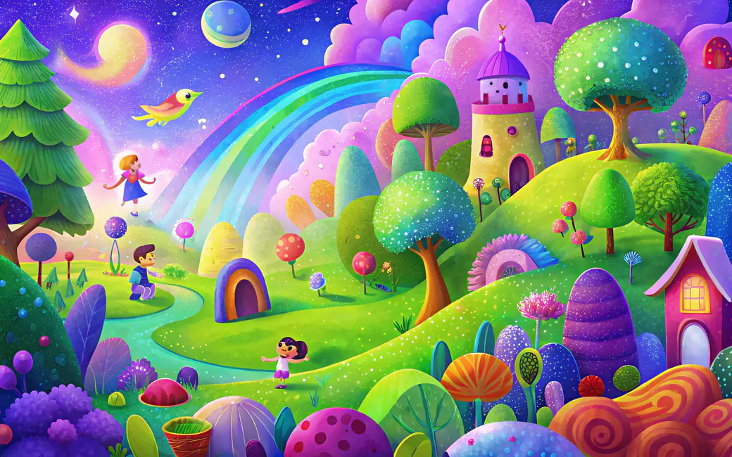 Children playing in magical fantasy land — desktop and phone wallpaper, free download