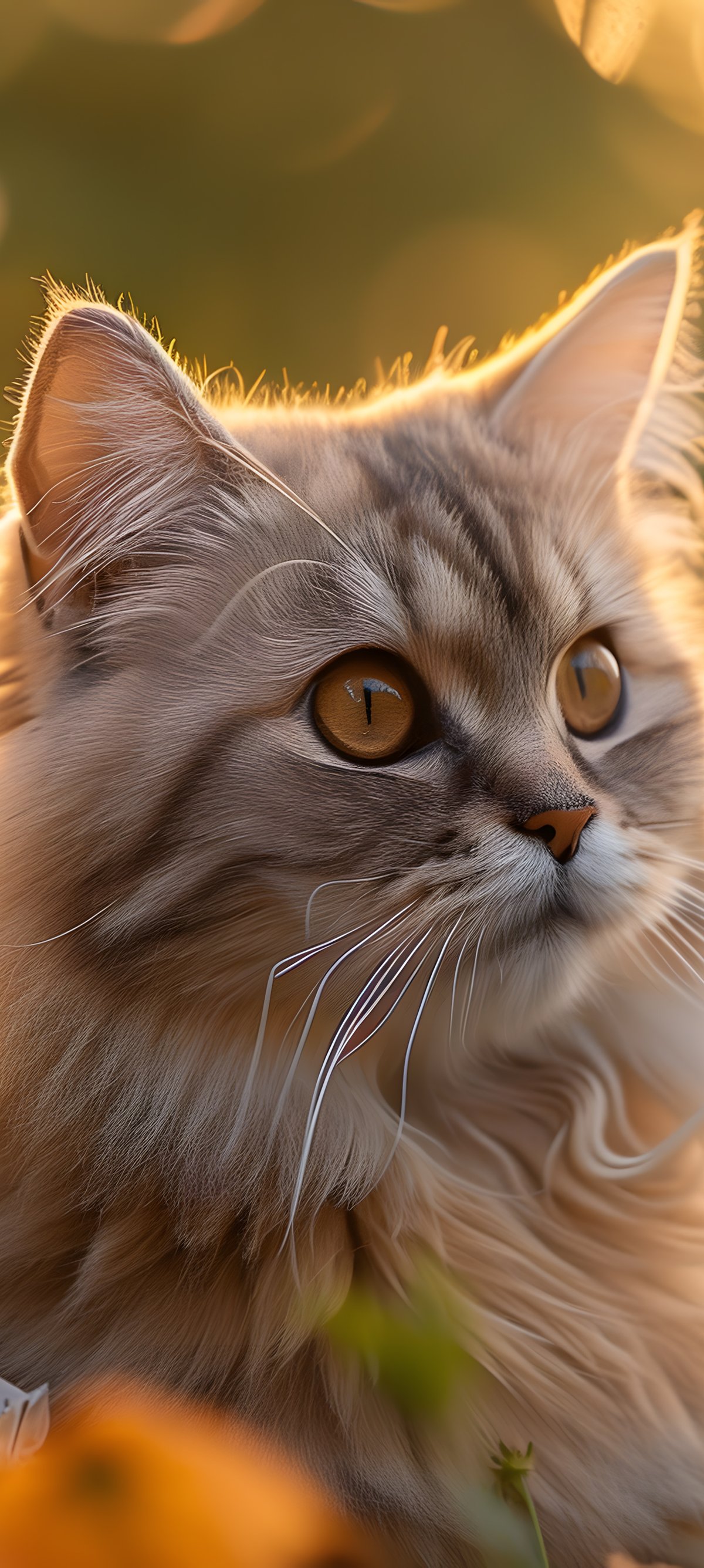 Fluffy cat in a field at sunset - Wallpapers for Xiaomi 15 in 1200x2670 resolution