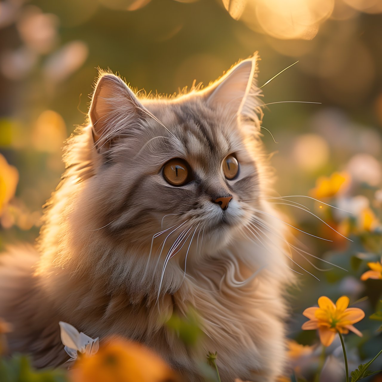 Fluffy cat in a field at sunset - Wallpapers for Lenovo, Huawei in 1280x1280 resolution