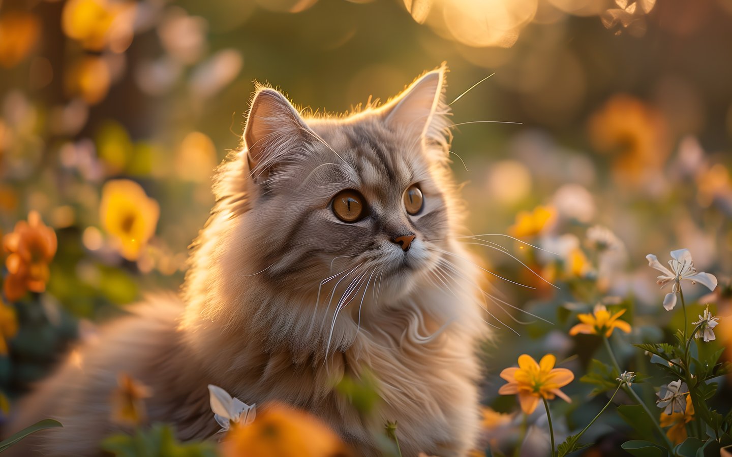 Fluffy cat in a field at sunset - WSXGA wallpapers in 1440x900 resolution
