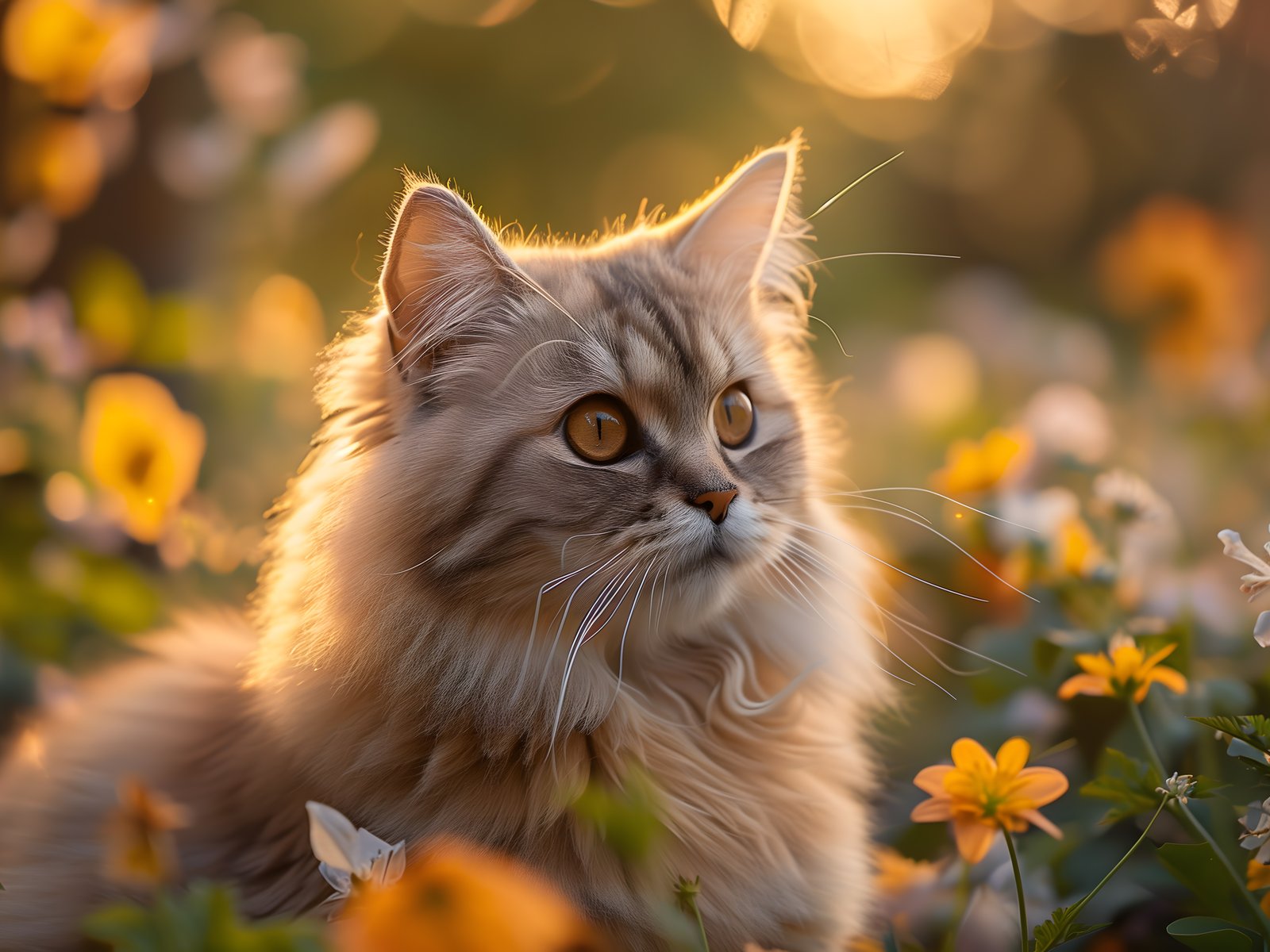 Fluffy cat in a field at sunset - UXGA wallpapers in 1600x1200 resolution