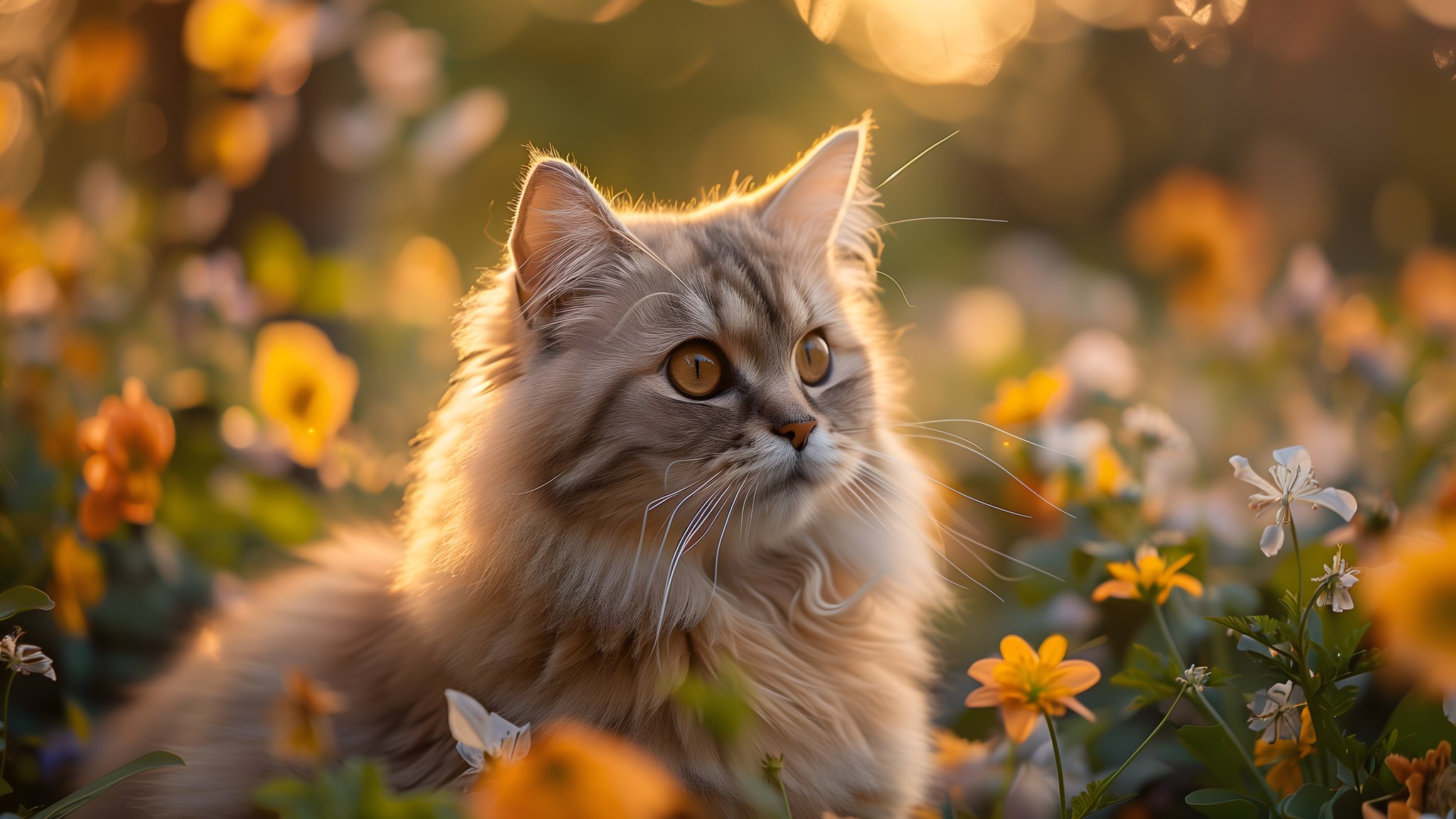 Fluffy cat in a field at sunset - QWXGA wallpapers in 2048x1152 resolution