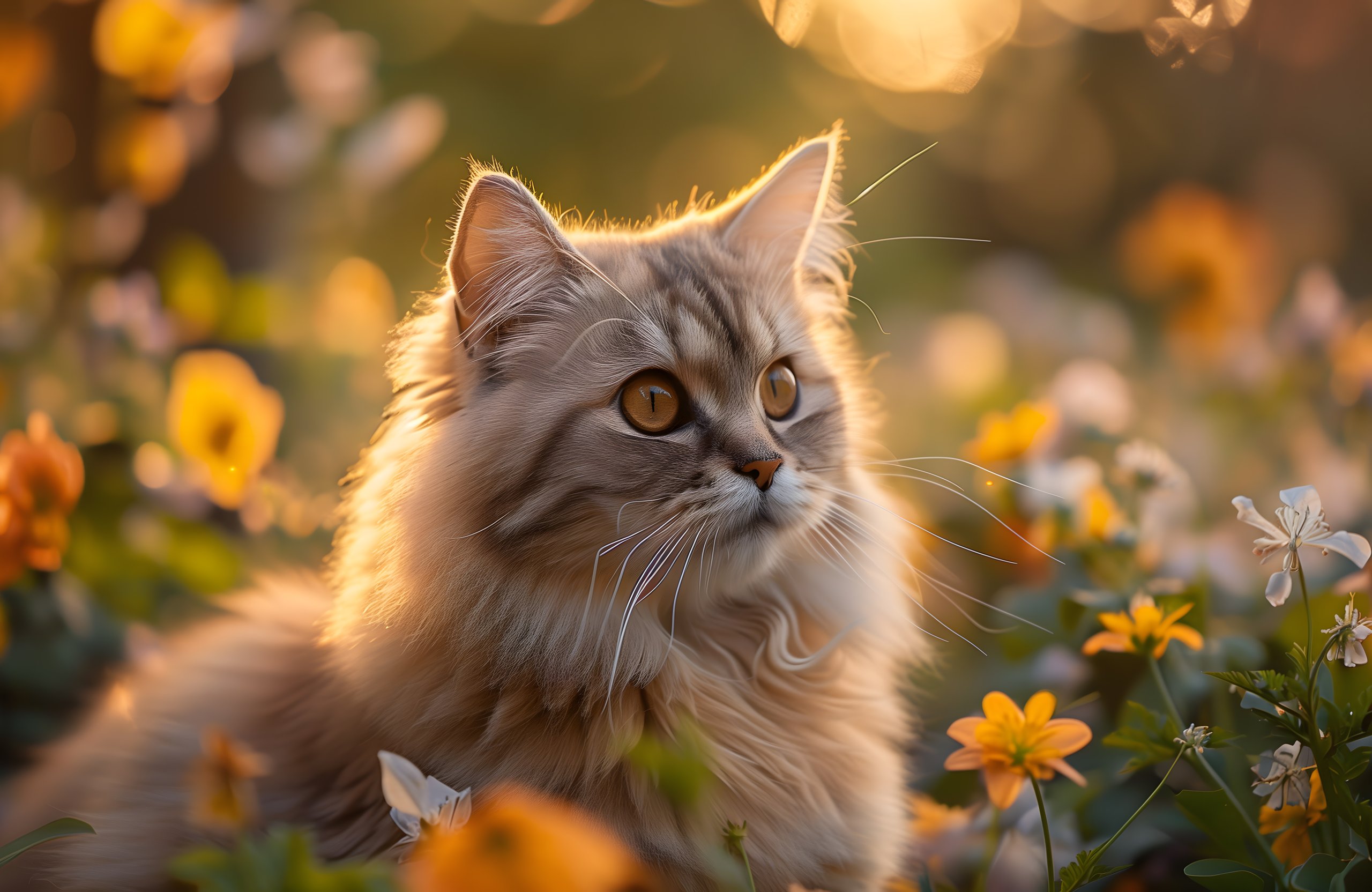 Fluffy cat in a field at sunset - Wallpapers for Apple MacBook Air 13 M2″ in 2560x1664 resolution