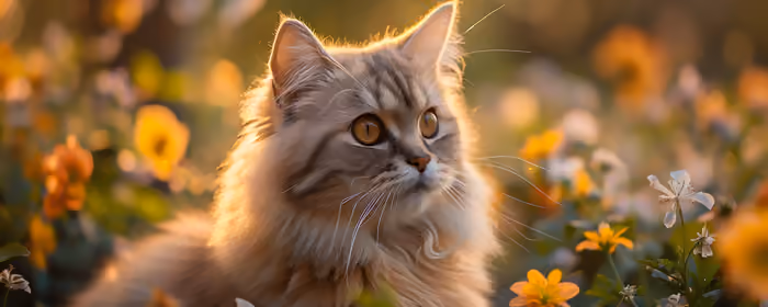 Animals wallpapers: cat, field, sunset, flowers