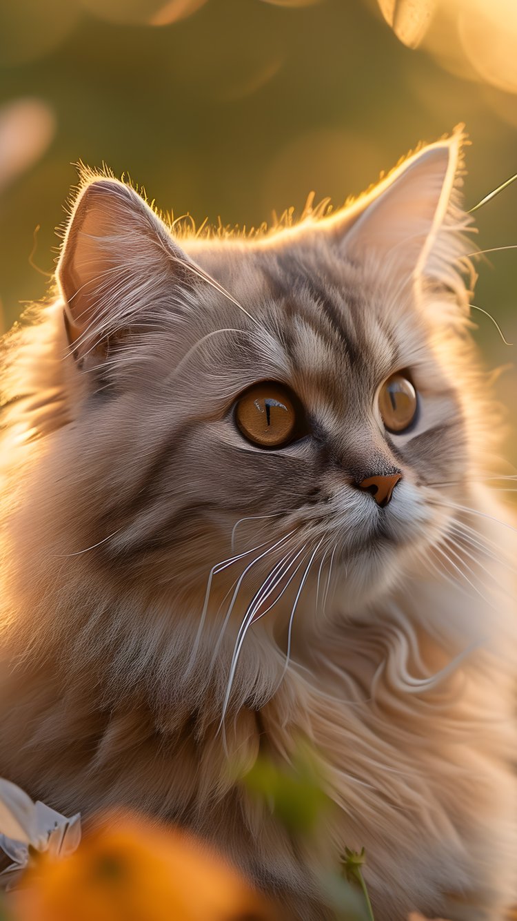Fluffy cat in a field at sunset - Wallpapers for iPhone 6/6S/7/8/SE2/SE3 in 750x1334 resolution