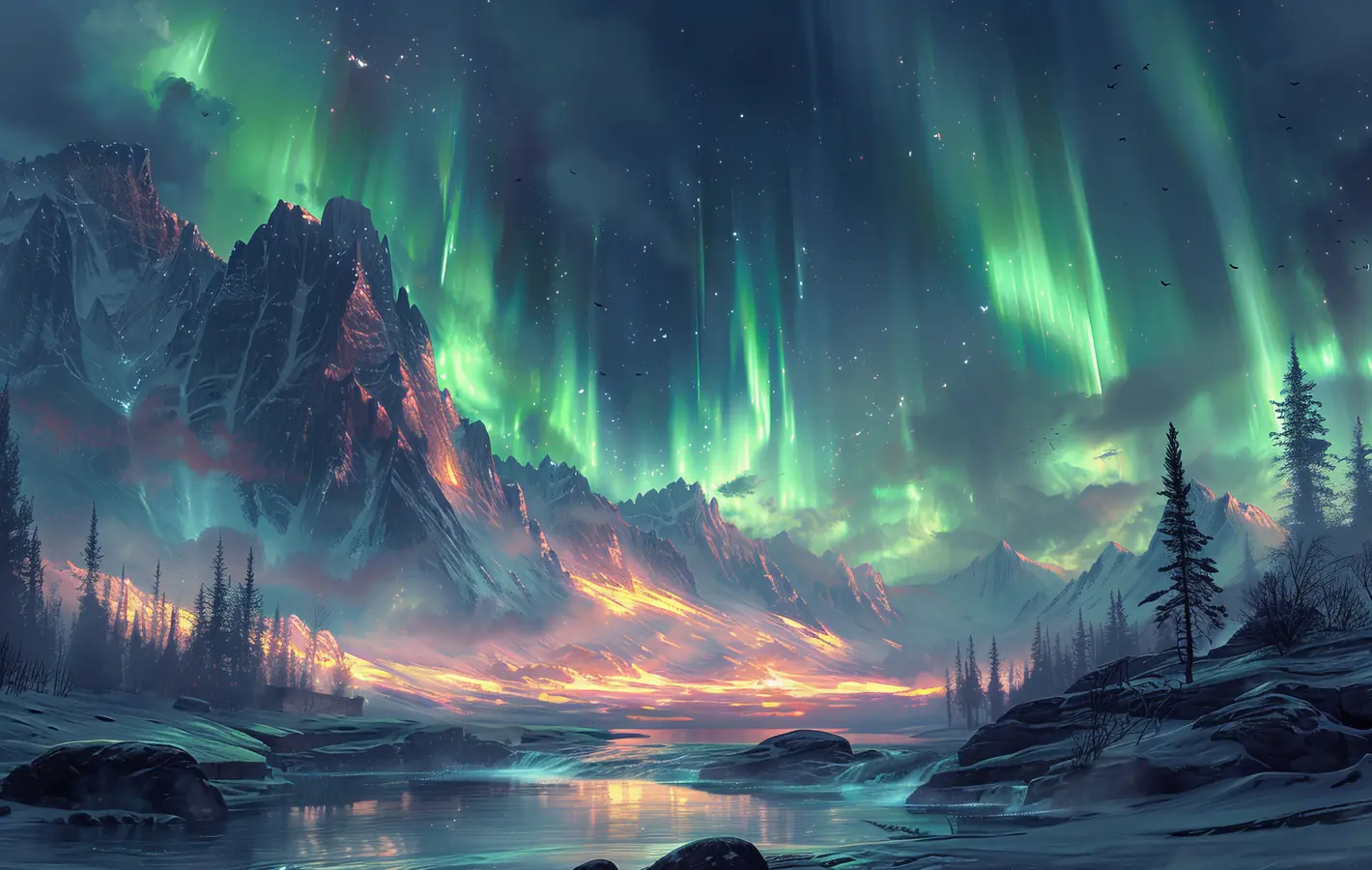 Northern Lights over Snowy Mountains — desktop and phone wallpaper, free download