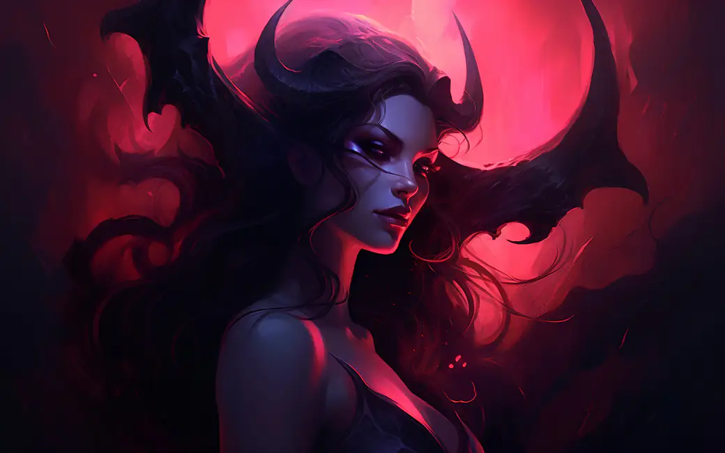 Female demon with horns and red moon — desktop and phone wallpaper, free download
