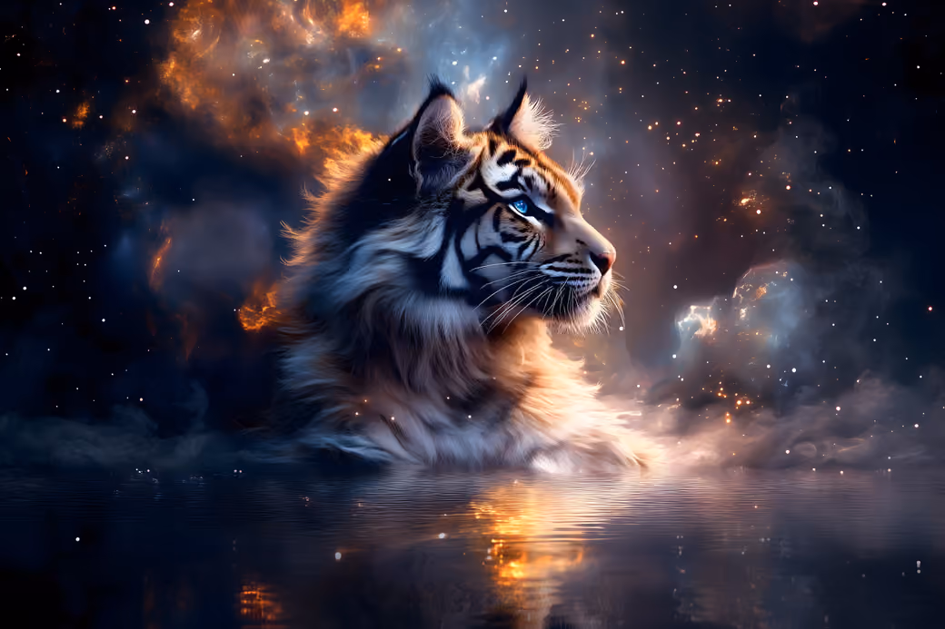 Tiger head with cosmic background — desktop and phone wallpaper, free download