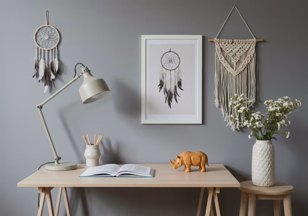Minimalist office with decor — desktop and phone wallpaper, free download