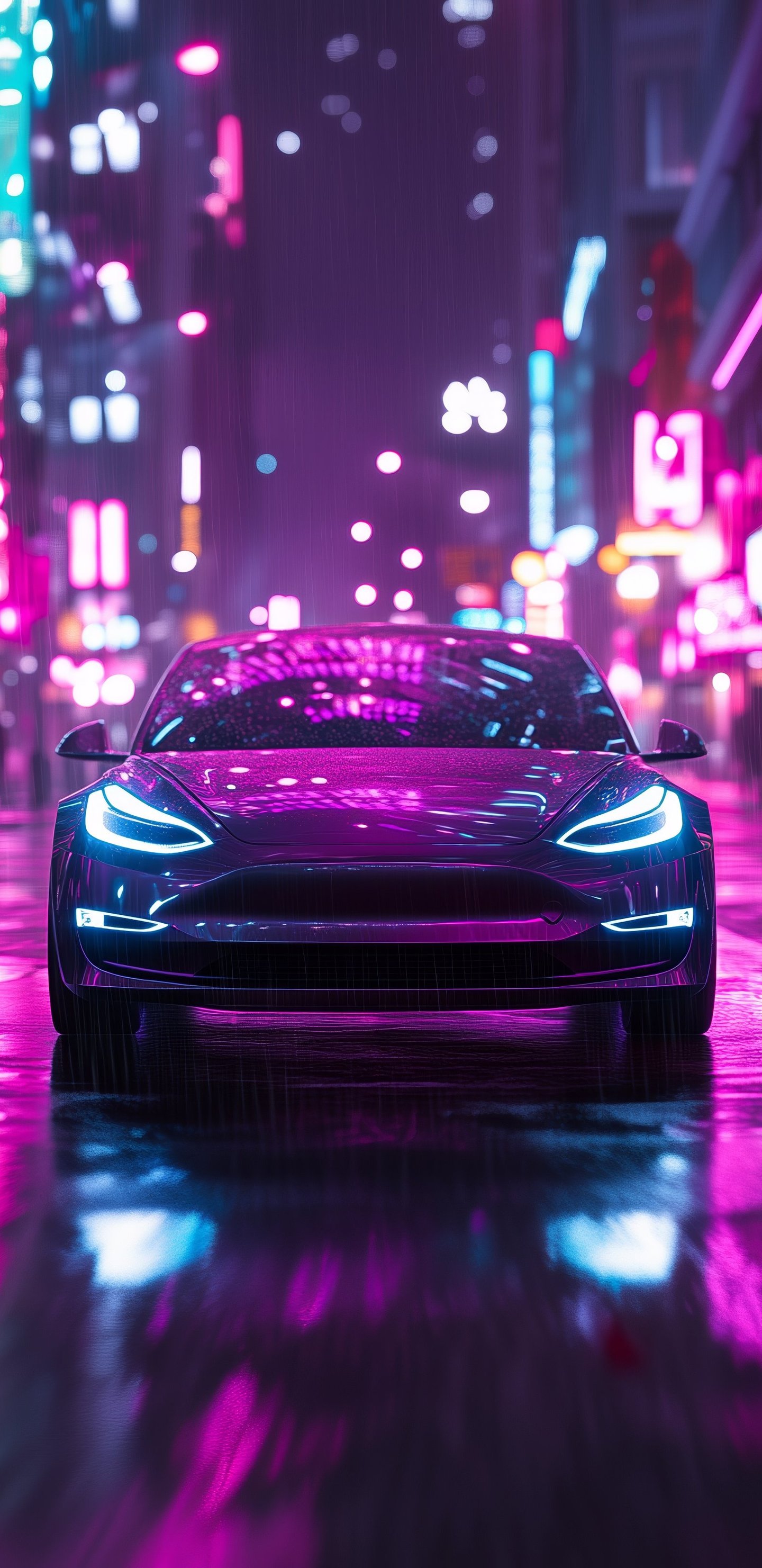 Tesla Model 3 driving in neon city - Wallpapers for Samsung Galaxy S8/S8+/Note 8/S9/S9+/Note 9 in 1440x2960 resolution
