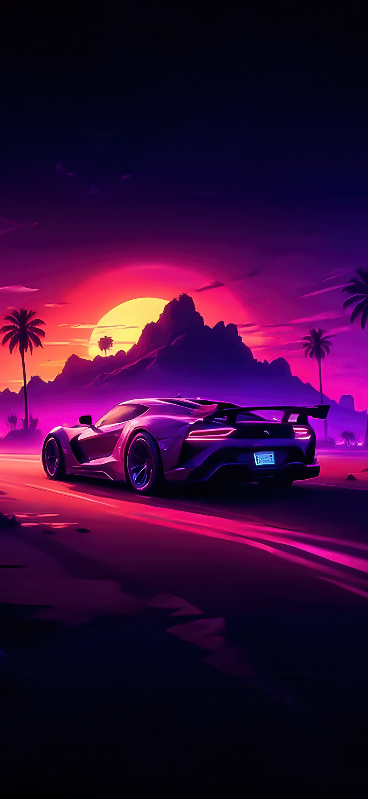 Supercar in the tropics at sunset - Wallpapers for iPhone 14 Pro/15 Pro in 1179x2556 resolution