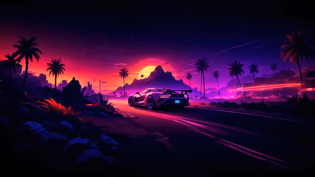 Supercar in the tropics at sunset — desktop and phone wallpaper, free download