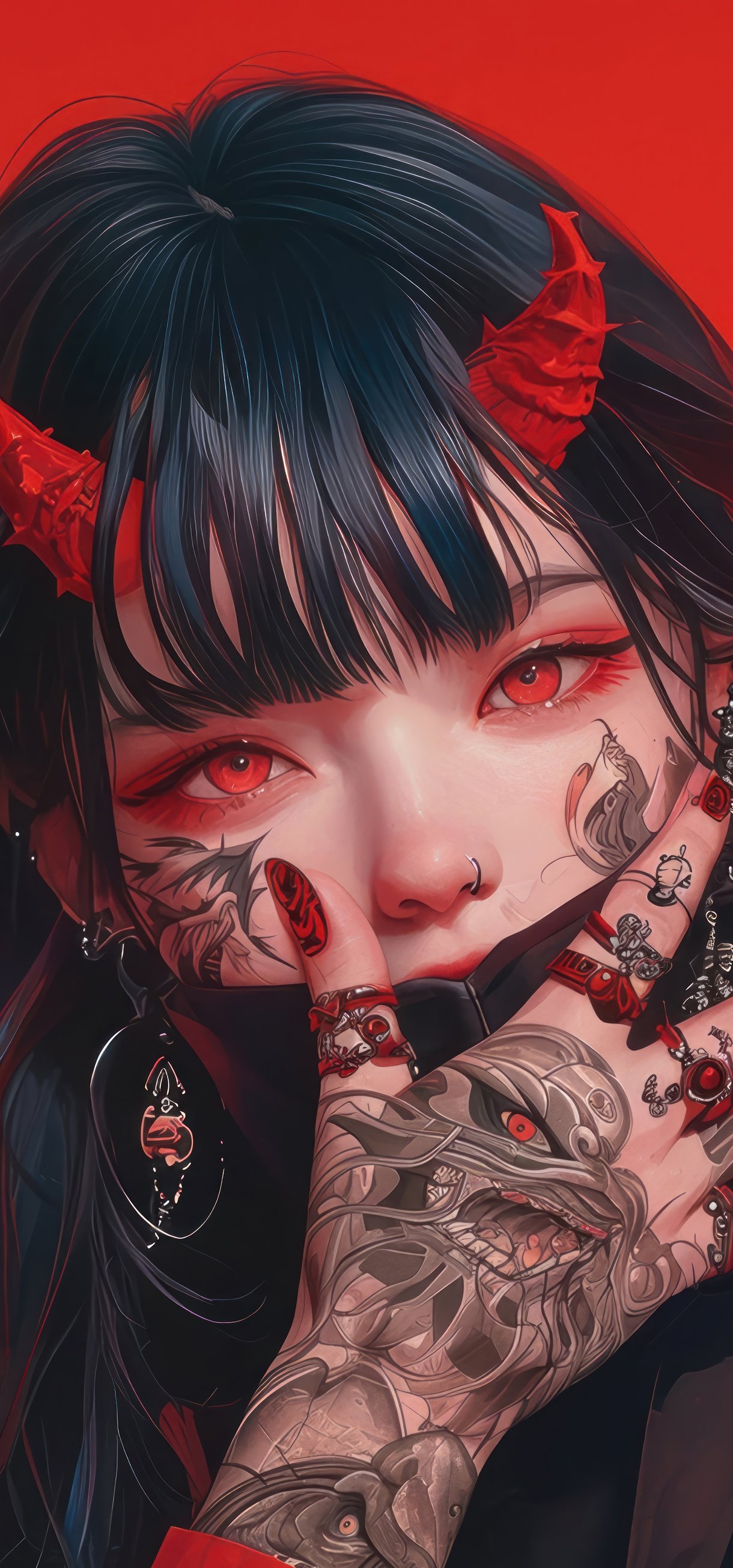 Anime girl with red horns and tattoos - Wallpapers for Xiaomi 17/17 Pro in 1220x2608 resolution