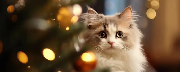 UltraWide 21:9 обои (3440x1440): котёнок, Рождество, новогодняя ёлка, гирлянда