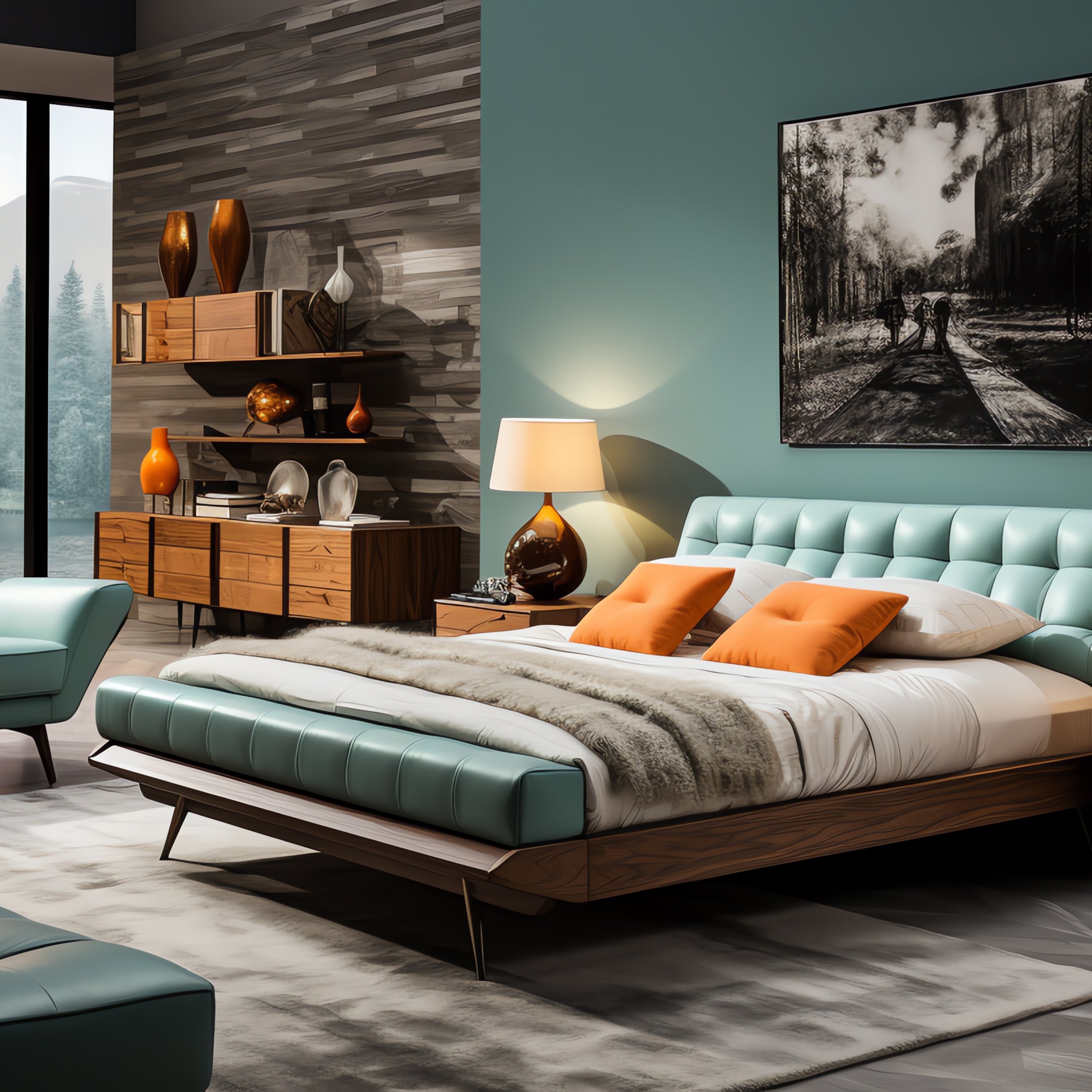 Modern teal bedroom with large windows - Wallpapers for iPad Pro 13″ in 2752x2752 resolution
