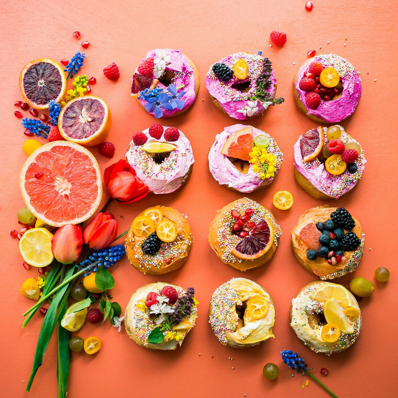 Assorted donuts with fruit toppings - Wallpapers for Lenovo, Huawei in 1280x1280 resolution