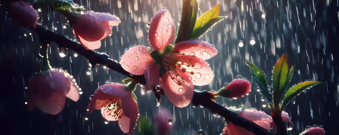 UltraWide 32:9 обои (3840x1080): вишневые цветы, дождь, капли, лепестки
