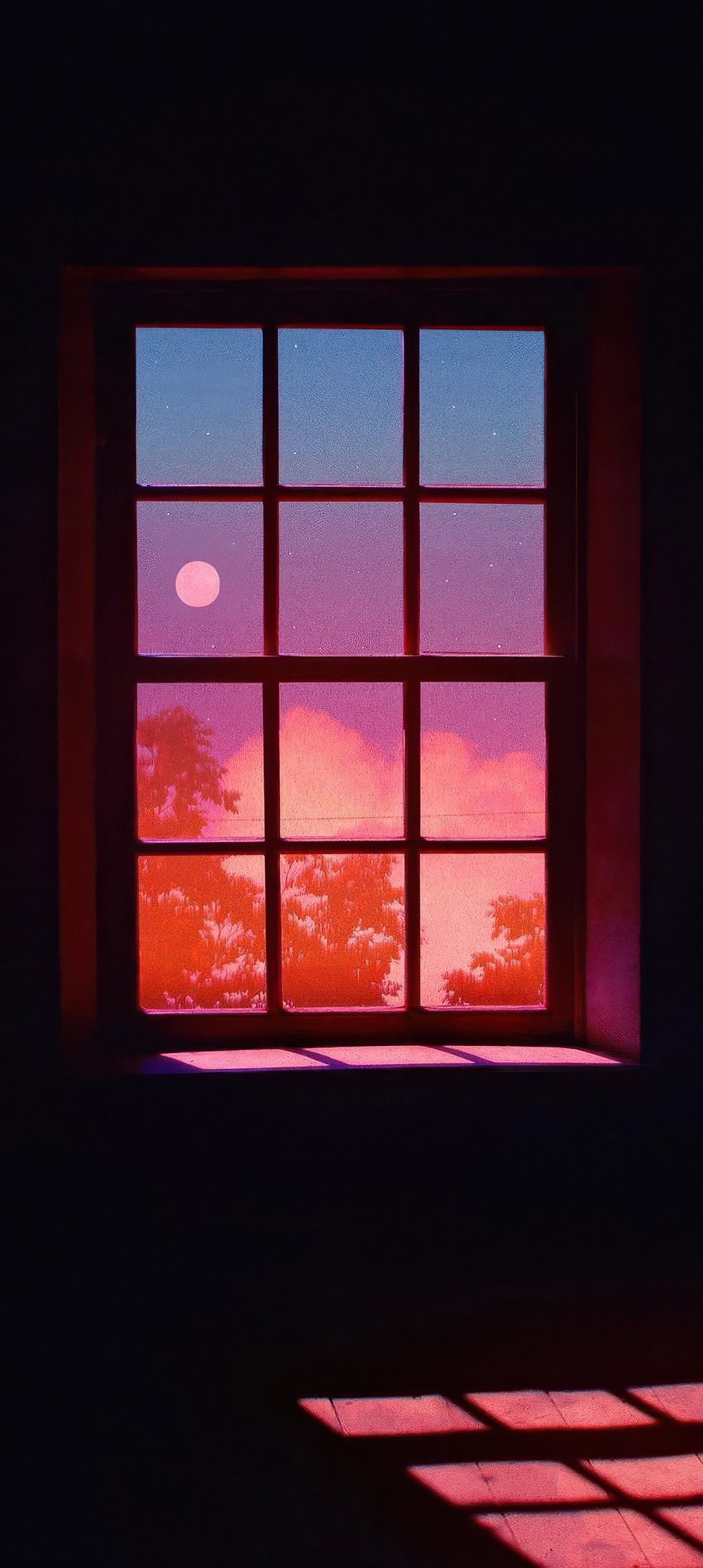 Window with sunset view and moon - Wallpapers for Samsung Galaxy A13/A14/A53, Realme 12 Pro 5G, POCO M5 in 1080x2408 resolution