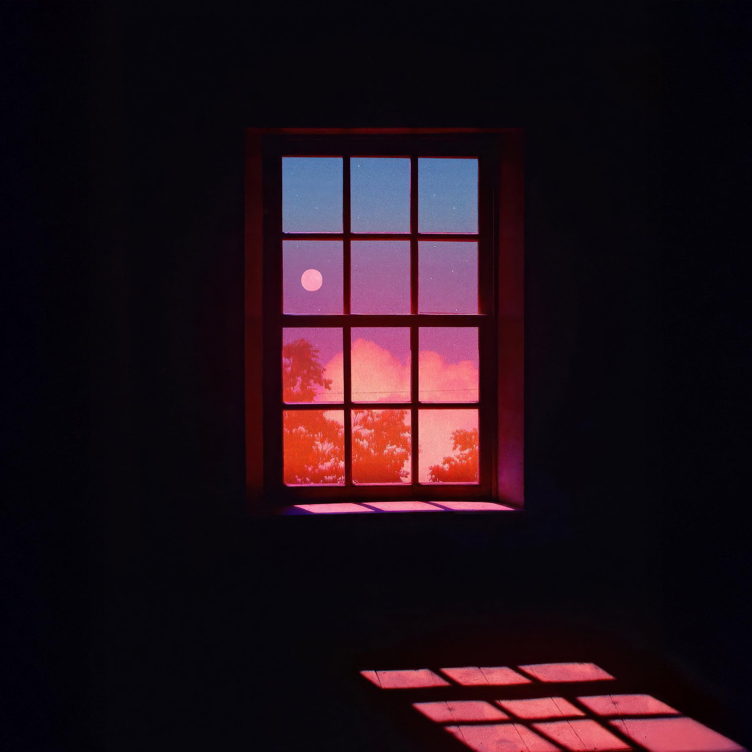 Window with sunset view and moon - Wallpapers for Samsung Galaxy Tab S9 FE+/Tab S11, Xiaomi Pad 5, Redmi Pad 2 Pro, POCO Pad in 2560x2560 resolution