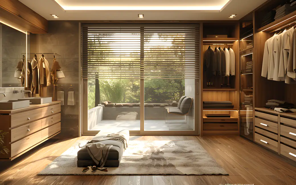 Modern wardrobe in wooden decor — desktop and phone wallpaper, free download