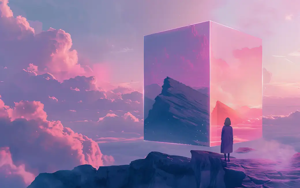 Mirrored cube on the mountain — desktop and phone wallpaper, free download