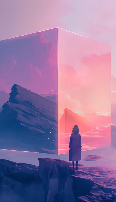 Illustrations wallpapers: mountains, cliff, clouds, reflection