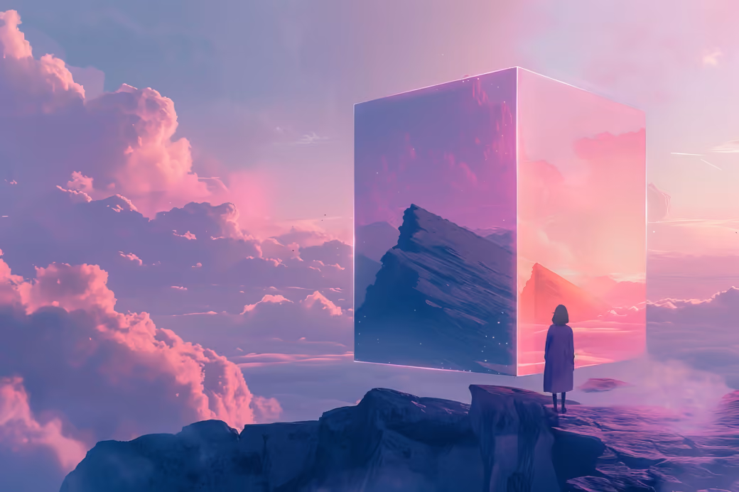 Mirrored cube on the mountain - Wallpapers for Samsung Galaxy A11/A20e/A20/M11, Xiaomi Redmi 9A/9C, POCO C40 in 720x1560 resolution