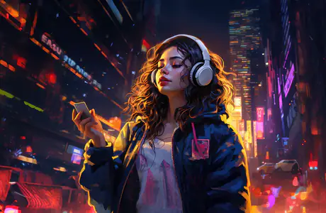 People wallpapers: girl, street, headphones, smartphone