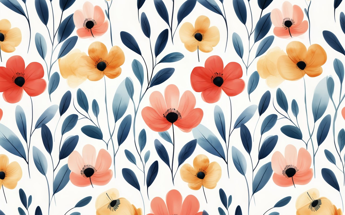 Red and yellow poppy flowers with leaves - WSXGA wallpapers in 1440x900 resolution