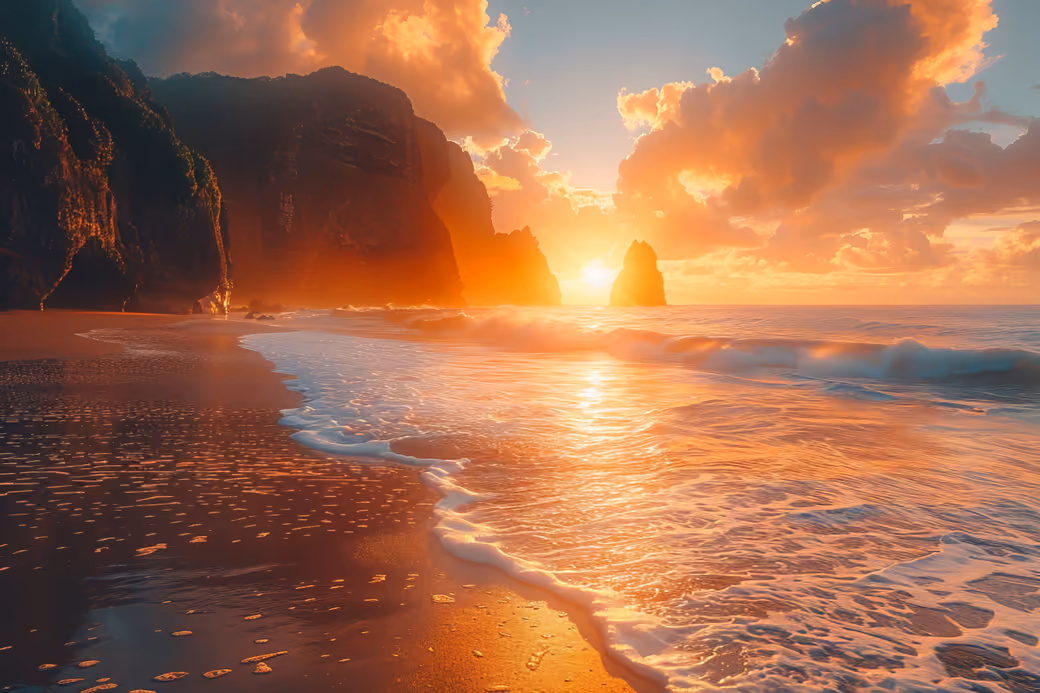Sunrise over rocky sea cliffs — desktop and phone wallpaper, free download