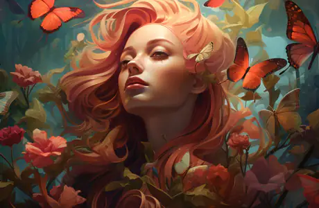 Fantasy wallpapers: woman, butterfly, redhead, flowers