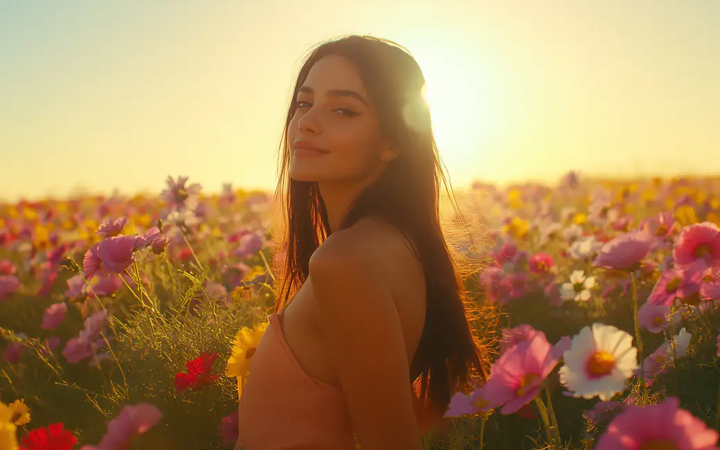 Woman in a field at sunset — desktop and phone wallpaper, free download