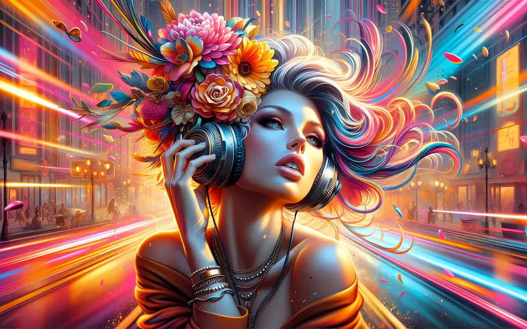 Woman with flowers and headphones — desktop and phone wallpaper, free download