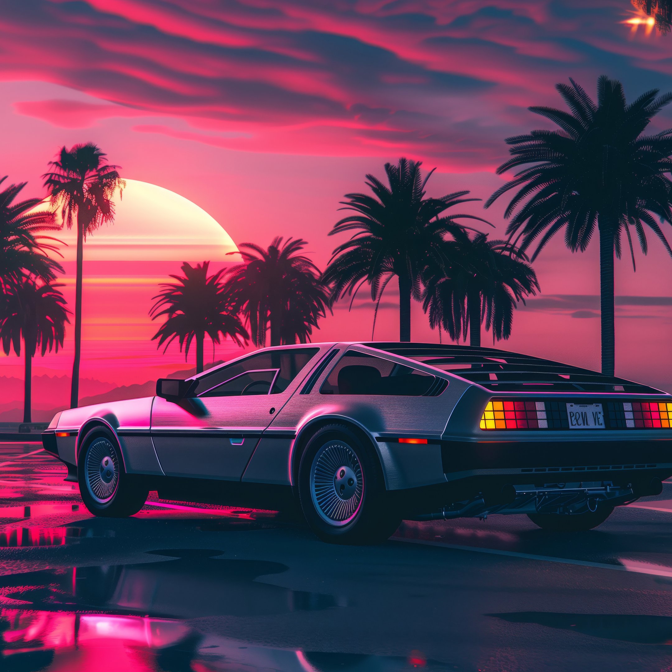 Delorean by the palm trees at sunset - Wallpapers for iPad 10.2″ in 2160x2160 resolution