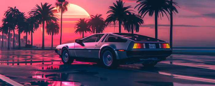 Обои машины: DeLorean DMC-12, дорога, пальмы, улица
