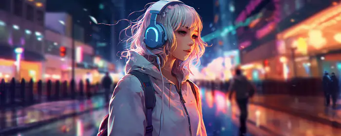 UltraWide 32:9 wallpapers (5120x1440): girl, headphones, street, night