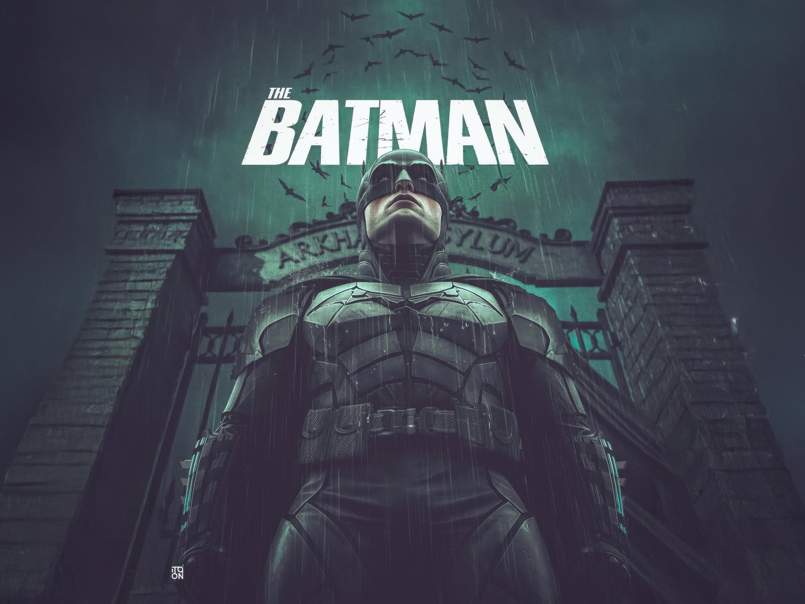 The Batman standing before Arkham Asylum - UXGA wallpapers in 1600x1200 resolution